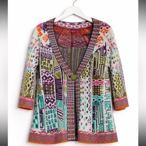 Ivko Multicolor Patchwork Knit Cardigan Boho Geometric Cotton Sweater M 38